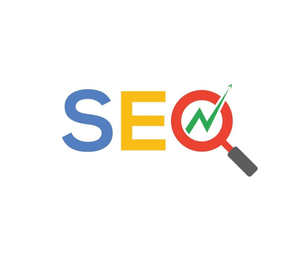 seo search engine logo with magnifying glass and arrow vector